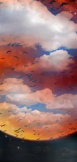 Surreal sky with clouds and birds in vibrant orange hues.