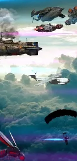 Surreal steampunk sky adventure with flying machines above clouds.
