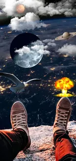 Surreal wallpaper with planets, clouds, and shoes on a mountain edge.