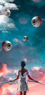 Surreal adventure wallpaper with floating eyes in a dreamy sky.