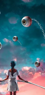 Surreal wallpaper with a fantasy sky and floating eyeballs.