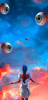 Surreal fantasy art with floating eyeballs in a vibrant blue sky.