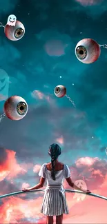 Surreal mobile wallpaper with a girl and floating eyeballs in a colorful sky.