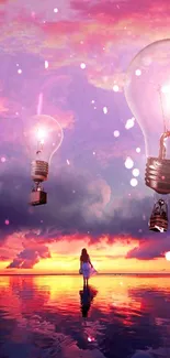 Surreal wallpaper with floating lightbulbs and a vibrant sunset sky.