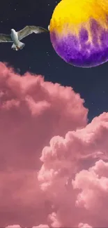 A seagull flies near pink clouds and a colorful planet in a fantasy sky.