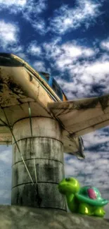 Vintage airplane on pedestal with toy turtle against a cloudy sky backdrop.