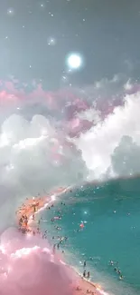 Dreamy beach with pink clouds and turquoise ocean.