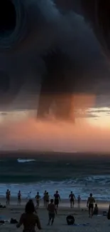 Surreal storm over a beach with people.