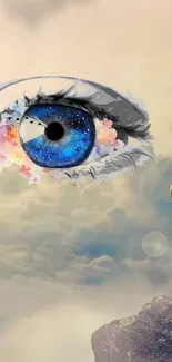 Surreal wallpaper featuring a blue eye in the sky with a woman silhouette.