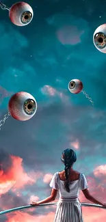 Surreal fantasy wallpaper with floating eyeballs in a teal sky.