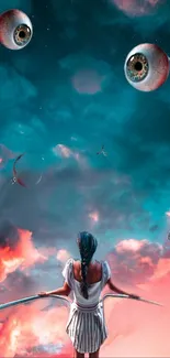 Surreal fantasy sky with eyes and a figure beneath in digital art.