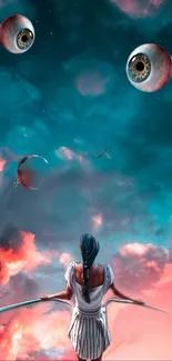 Surreal scene with floating eyes and colorful clouds.