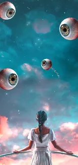 Surreal dreamscape with floating eyeballs and a girl under a teal sky.