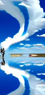 Surreal landscape with blue sky reflection and clouds.