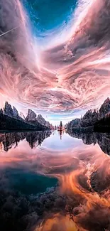 Surreal sky reflection with pink clouds over a calm lake.