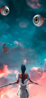 Surreal wallpaper with mystical figure looking at floating eyes in vibrant sky.