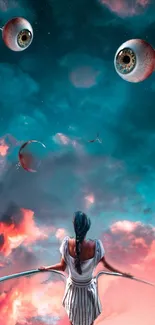 Surreal wallpaper with floating eyes and a figure against a vibrant sky.