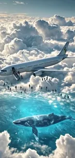 Surreal scene with airplane, whale, and clouds.