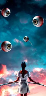 Surreal wallpaper with floating orbs and vibrant sky.