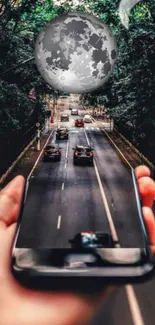 Surreal smartphone blending into urban road scene with the moon overhead.