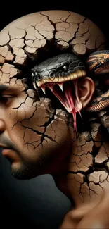 Surreal art of a snake emerging from a cracked head in vivid detail.