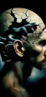 Surreal artwork of snake emerging from a human head.