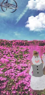 Whimsical snowman in vibrant flower field under dreamy sky.