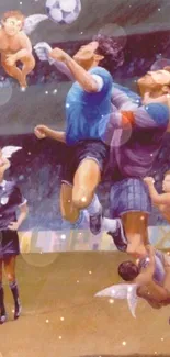 Surreal painting of soccer with angels in a stadium setting.