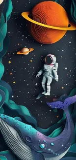 Astronaut and whale floating in cosmic space with vibrant planets.