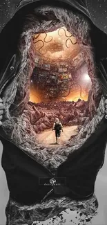 A surreal cosmic landscape inside a jacket, featuring a space-themed adventure.