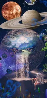 Surreal fantasy wallpaper with planets and waterfall.