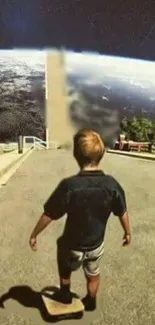 Child skateboards towards a surreal space horizon, blending earth and space.