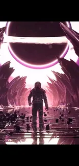 Astronaut explores surreal alien landscape with a massive planet above.