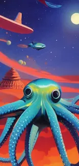 Surreal cosmic octopus in vibrant space landscape.