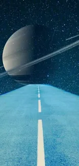 Surreal space road with Saturn, perfect for a cosmic wallpaper.