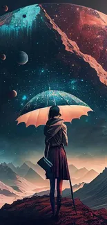 Surreal artwork of a person with an umbrella under a cosmic night sky.