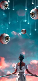 Surreal wallpaper with figure and floating eyeballs in a starry sky.