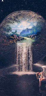 Surreal wallpaper featuring a starry night sky with a celestial waterfall.