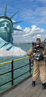 Surreal scene of Statue of Liberty submerged near a wooden pier.