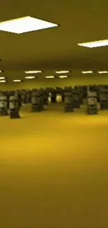 Yellow room filled with stone heads under soft lighting.