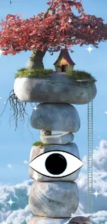 Surreal stone tower with eye and tree house on cloudy sky.