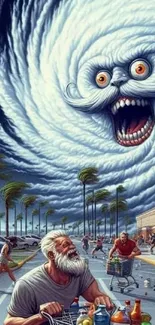 Surreal artwork of storm cloud face over street scene with running people.