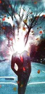 Surreal glowing figure in autumn cityscape with vibrant leaves.