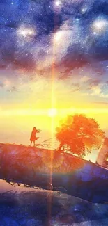 Surreal fantasy wallpaper with sunrise and cosmic sky.