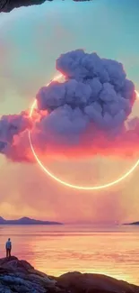 A surreal sunset view with cloud ring seen through a cave opening.