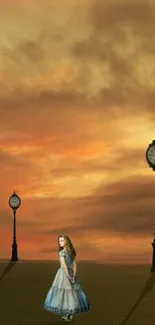 Surreal sunset scene with antique clocks and a lone figure on a mobile wallpaper.