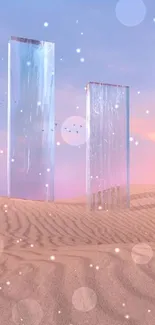 Surreal desert with pink sand and futuristic structures under a crescent moon.