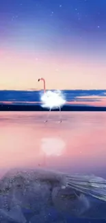 Surreal sunset with a glowing flamingo on reflective tranquil waters.