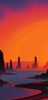 Surreal landscape with vibrant sunset and unique rock formations.