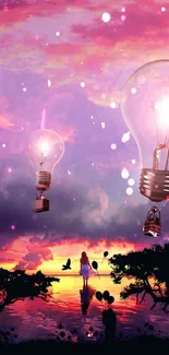 Surreal mobile wallpaper with light bulbs and sunset.